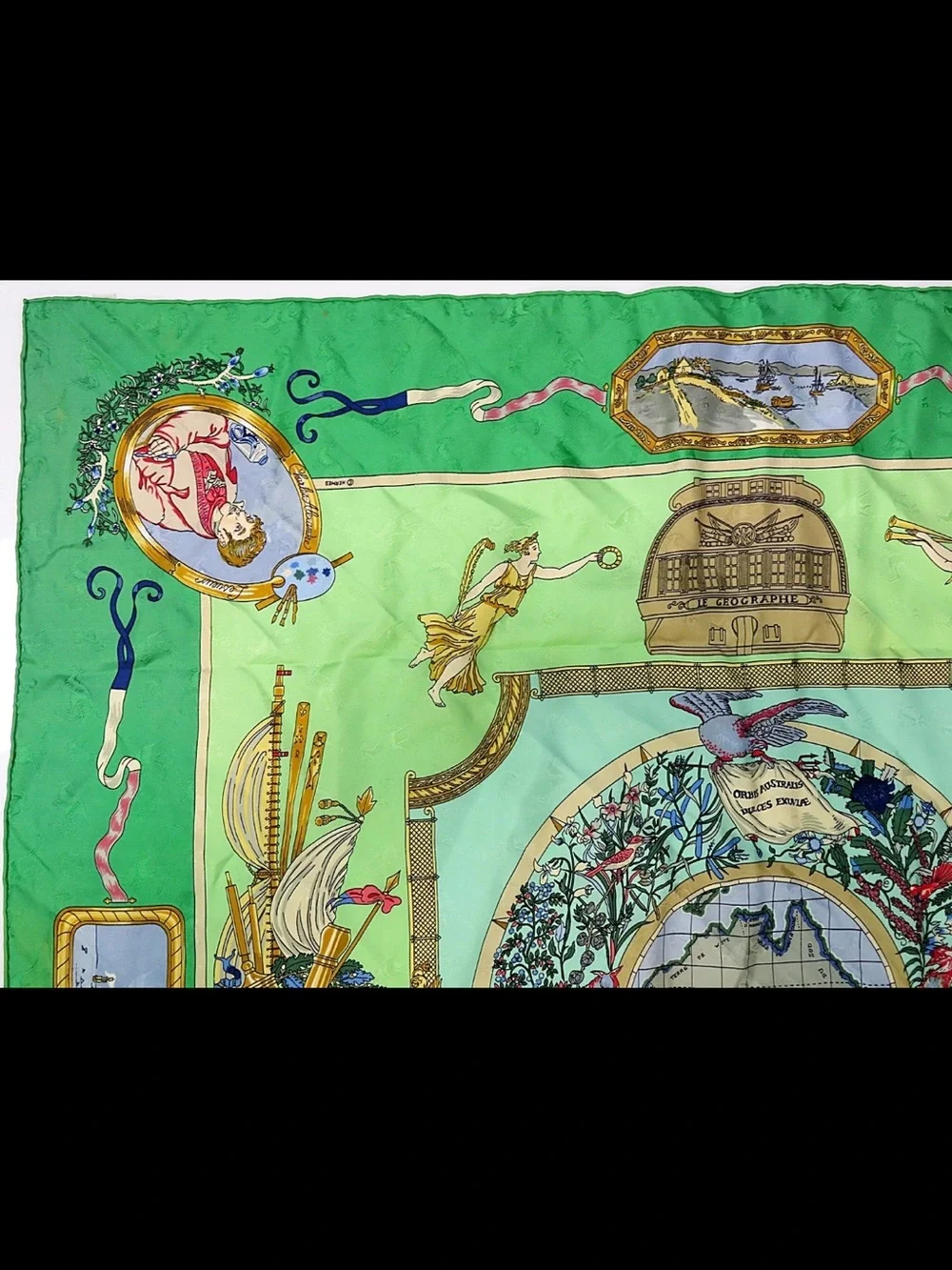 Hermes Green and Light Green Silk Scarf with Multicolor Motif